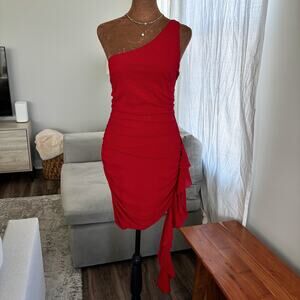 Privy Red Shimmer One Shoulder Ruched Asymmetrical Mini Dress Cascading Ruffle M